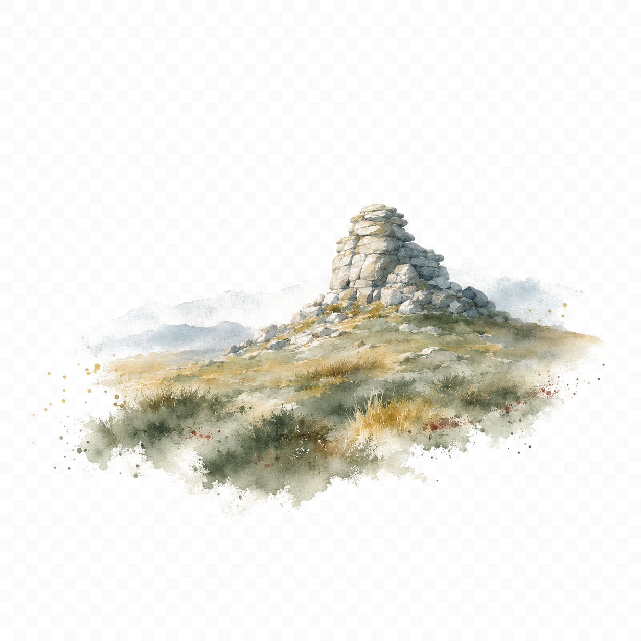 Watercolor of a Dartmoor tor on a hillside